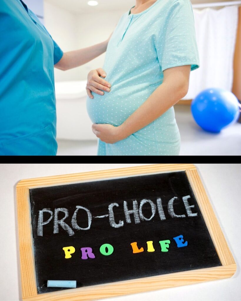 nurse helping pregant women with a sign below - Pro-Choice/ Pro Life. Pro-choice pregnancy centers are causing confusion.